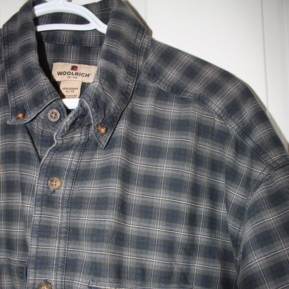 Woolrich Men’s XL Plaid Heavy Cotton Twill Shirt Dark Grey Black Button Down - Picture 2 of 5